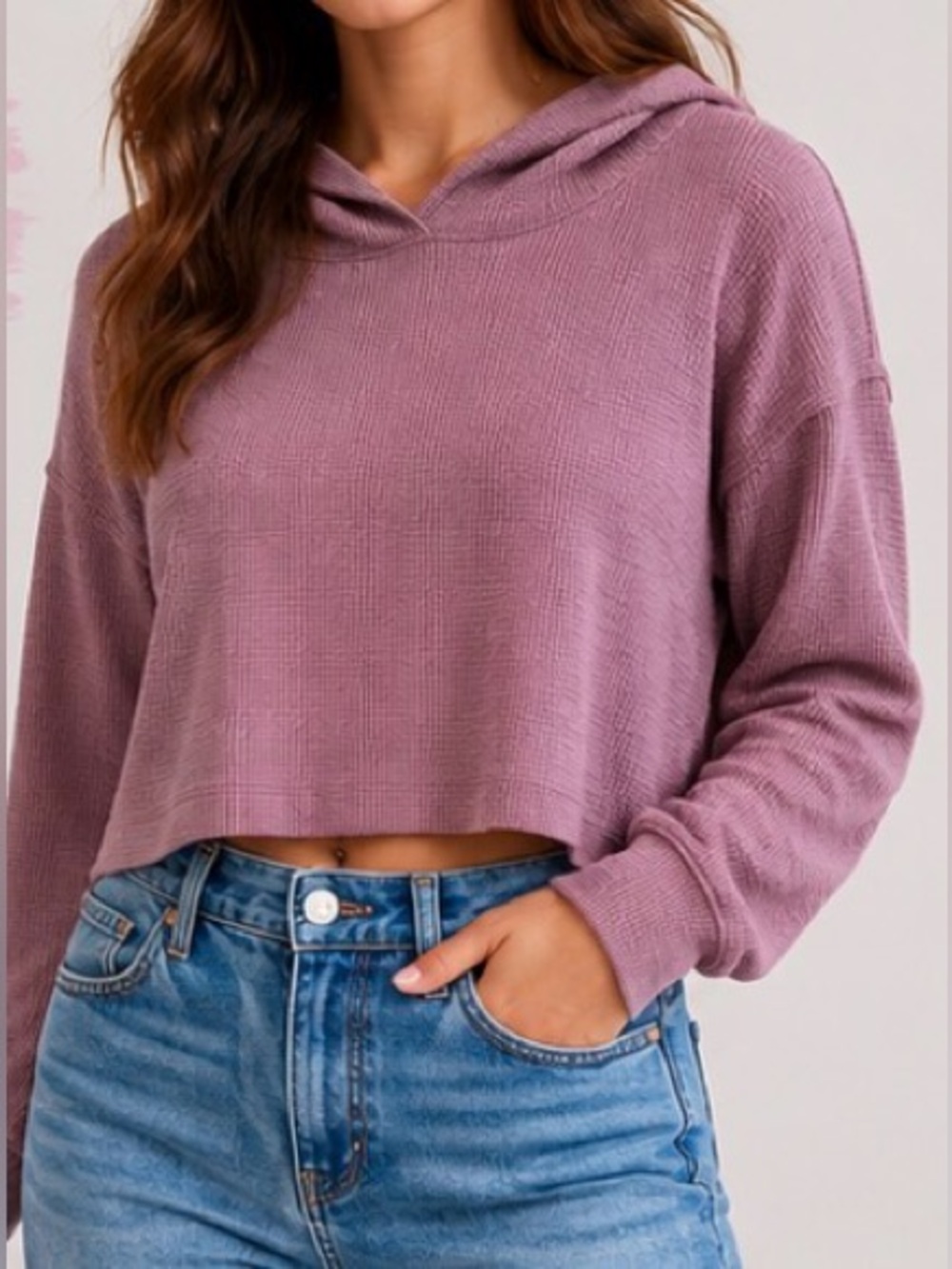 320 Hollister Waffle Knit Cropped Hoodie Purple Soft Lightweight Sweatshirt L